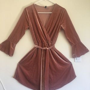 Pink Velour Faux Wrap Dress- Bell Sleeves